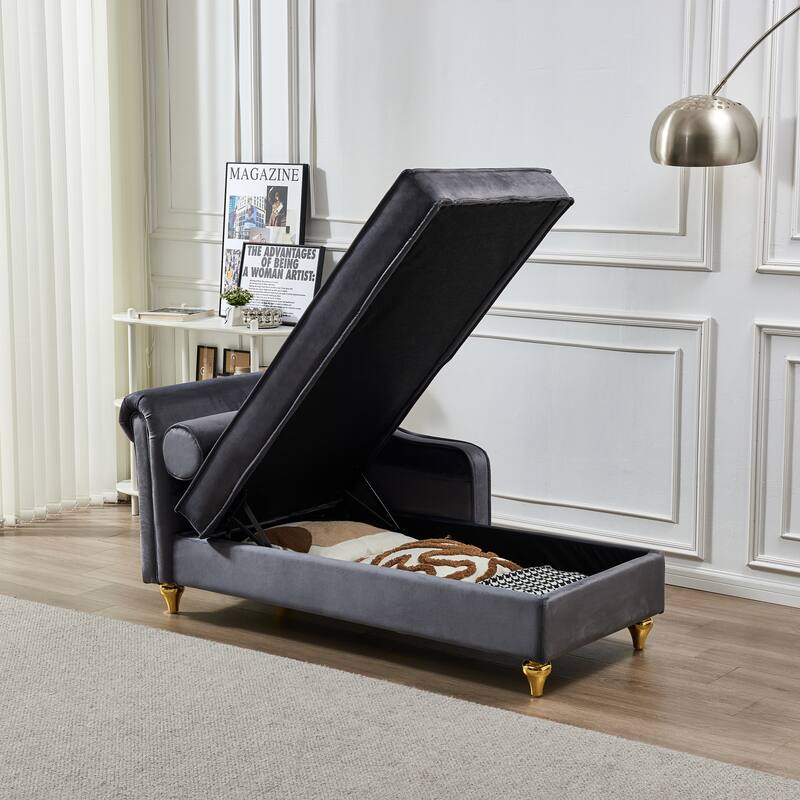 Modern 60.6" Velvet Upholstered Chaise Lounge Chair with Metal Legs and Storage