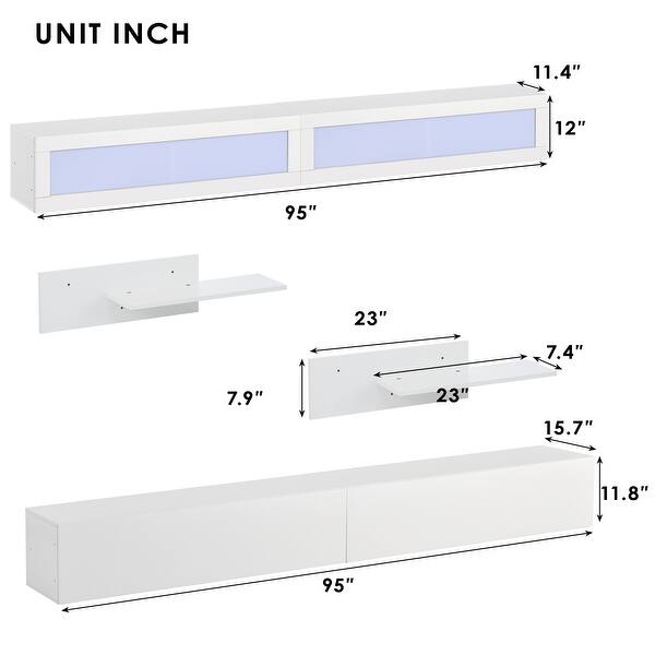 95''W High Gloss Wall Mount Floating TV Stand with RGB LED Light&4