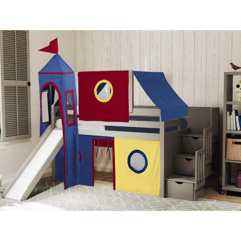 JACKPOT Prince & Princess Low Loft Twin Bed, Stairs Slide Tent & Tower - Grey with Red Blue & Yellow Tent
