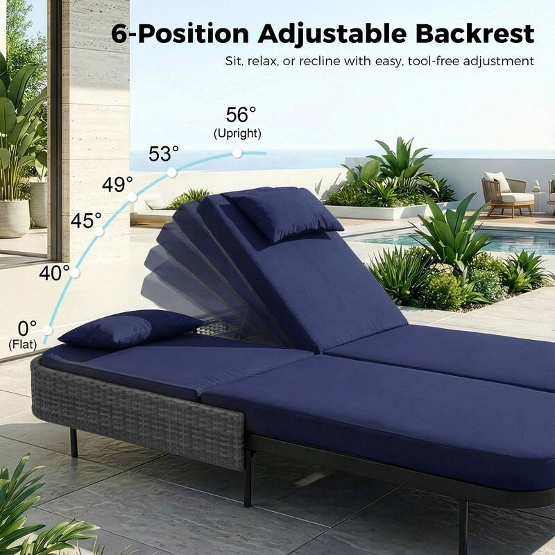 2-Person Outdoor Double Chaise Lounge with 2 Side Tables, Wicker Patio Reclining Daybed, Adjustable Backrests, 800 lb Capacity