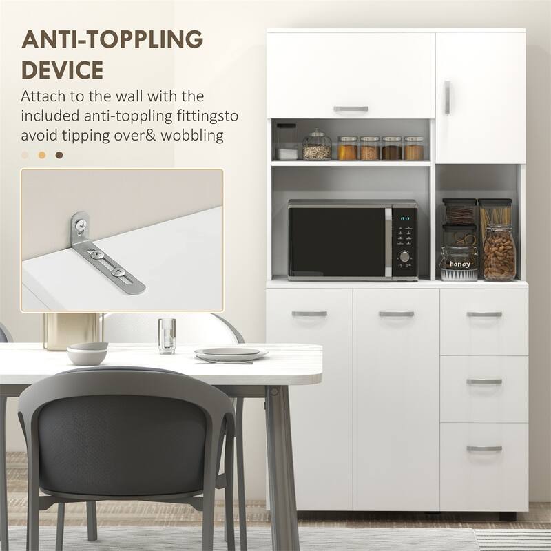 White Kitchen Cabinet Storage with Drawers and Adjustable Shelves Microwave Countertop Space - 35" W x 15.6" D x 66.1" H