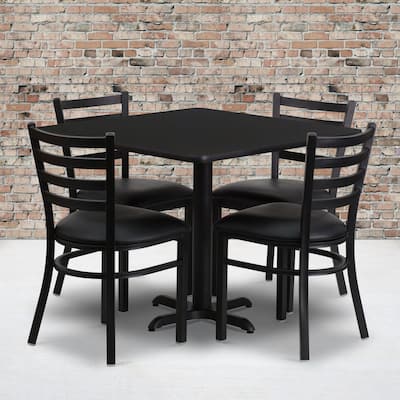 36'' Square Laminate Table Set with X-Base and 4 Ladder Back Metal Chairs