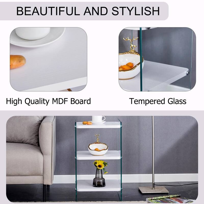 3-Tier Glass Bedside Table, Modern Nightstand with Storage