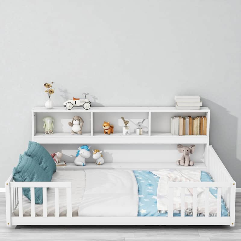 Twin/Full Size Wooden Floor Bed with Bedside Bookcase and Shelves, Low Platform Bed with Guardrails