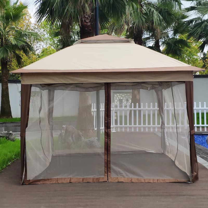 11ft x 11ft Steel Frame Gazebo with Removable Zipper Netting, 2-Tier Soft Top Outdoor Event Tent for Patio, Backyard,Coffee