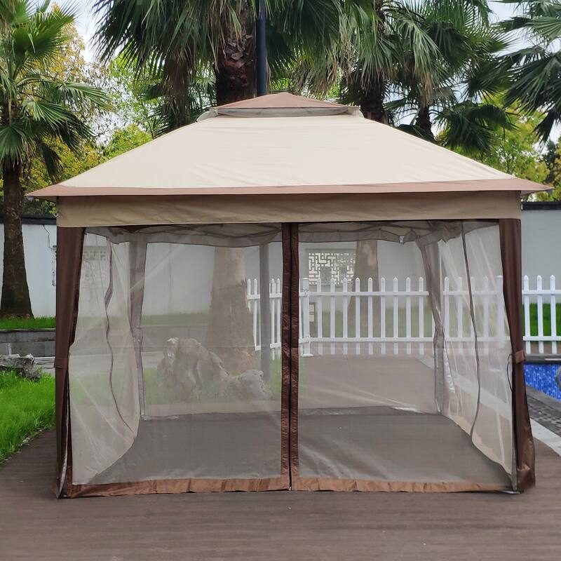 Outdoor Pop Up Gazebo with Removable Zipper Netting, 2-Tier Soft Top Event Tent Patio Shed, 11x 11 FT Heavy Duty Party Tent