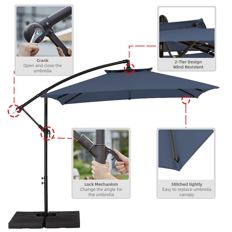 8ft×8ft Square Steel Crank-lift Cantilever Umbrella With Weighted Base