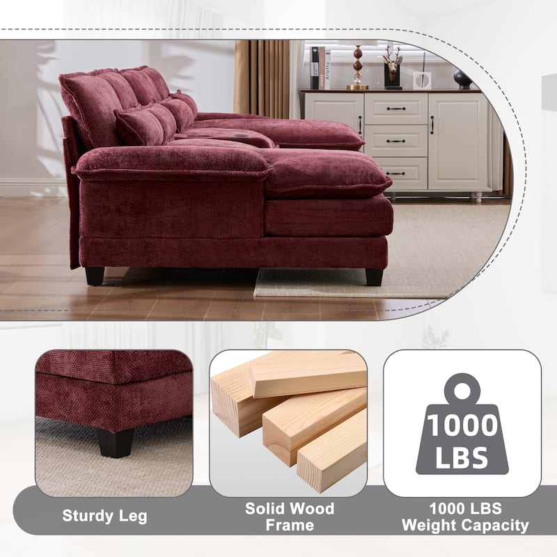 6-seat Chenille Upholstered Modern U-shaped Sectional Multifunctional Sofa with 2 Cup Holders,Pull-out Storage Space