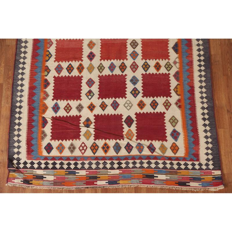 Vegetable Dye Kilim Qashqai Persian Antique Rug Hand-Woven Wool Carpet - 5'4"x 9'11"