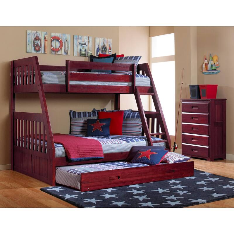 Twin Over Full Bunk Bed with Trundle - Solid Pine Wood, Merlot Finish, Space Saving Design