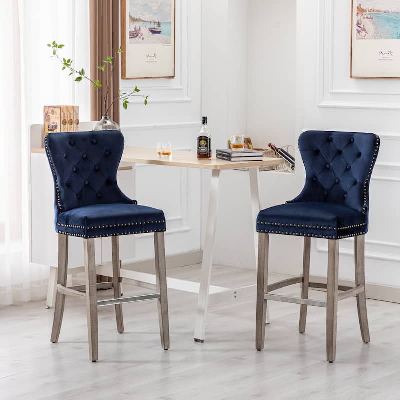 Carter 29" Wingback Tufted Nailhead Bar Stool (Set of 2), Antique Grey Legs - Navy Blue