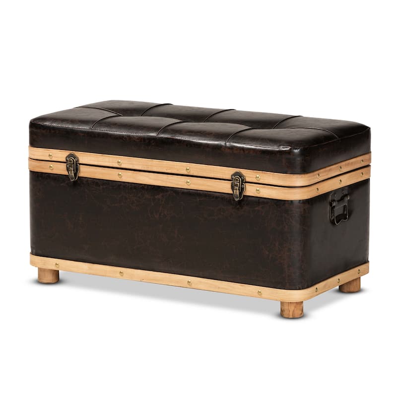 Gendry Modern Rustic Faux Leather and Wood Storage Ottoman Large - Dark Brown - Large
