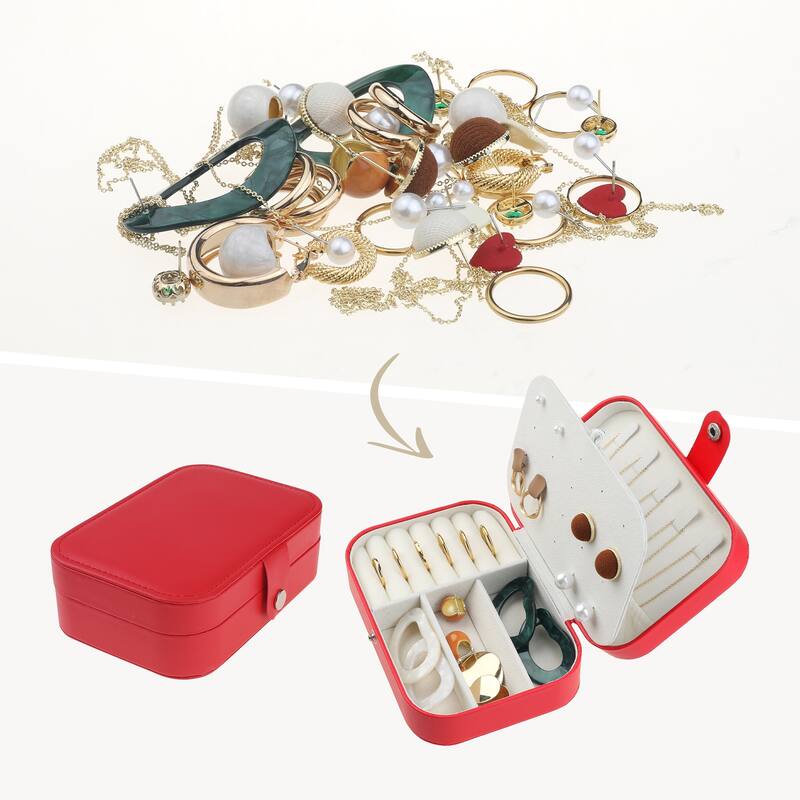 Travel Jewelry Box, Small Portable PU Leather Jewelry Organizer Case Storage Display Holder - 16x11x5cm - Red