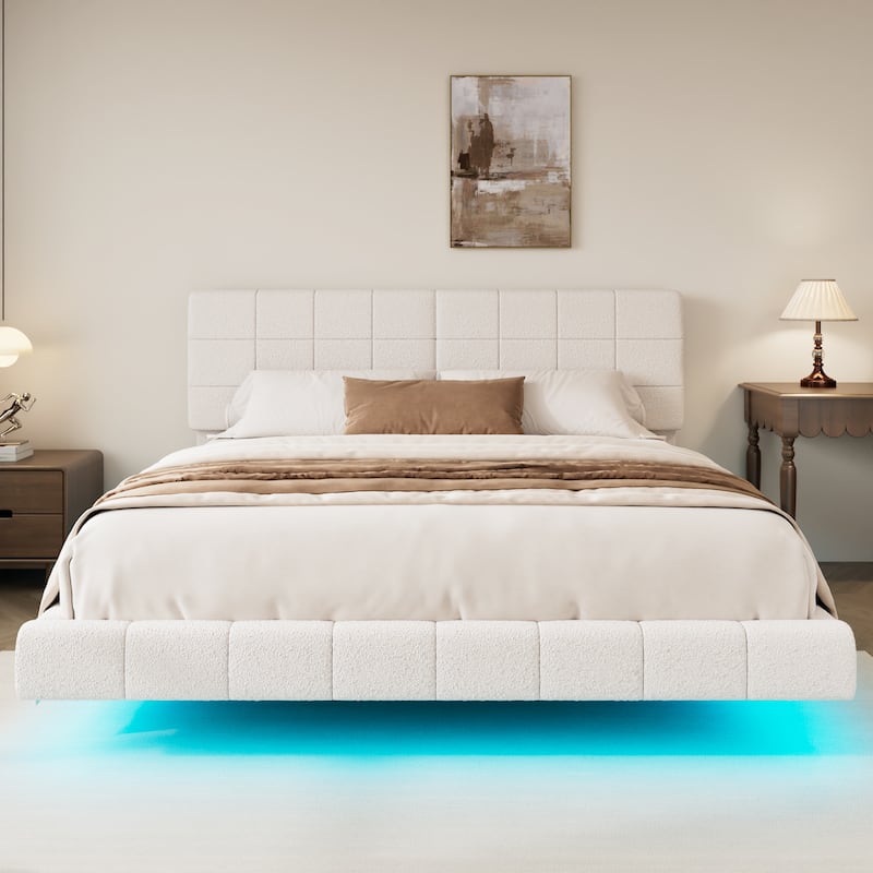 Christopher Knight Home - Alex White Boucle Floating Bed with Ambient Lighting - White - King