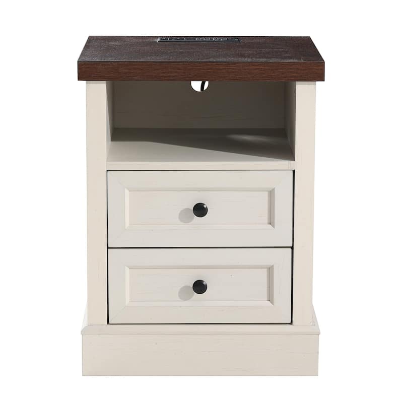 COZAYH Farmhouse Nightstand with Charging Station, Vintage Bedside Table Featuring Outlet & USB Ports, 2 Drawers and Open Shelf