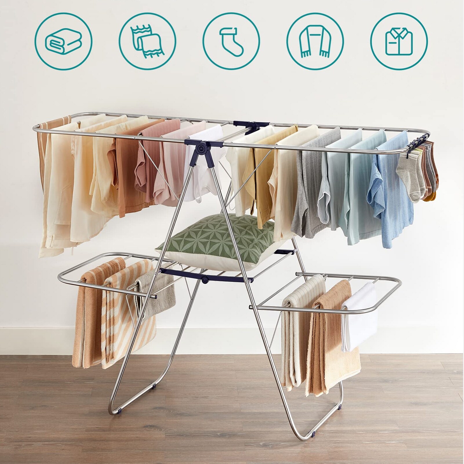 Foldable 2 Level Laundry Drying Rack with Height Adjustable Wings