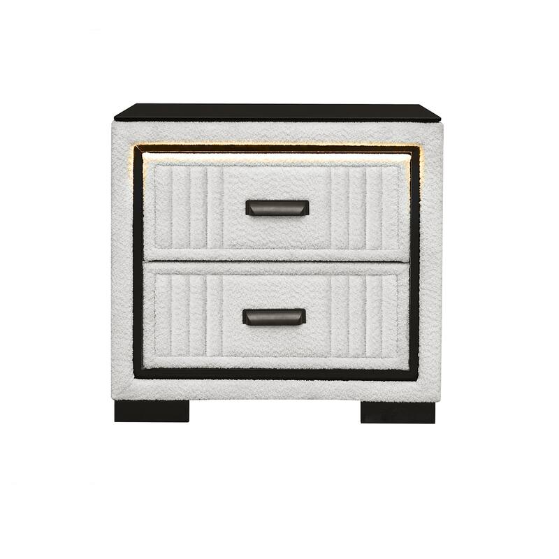 White and Black Upholstered Nightstand with LED Light