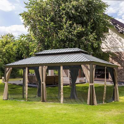 12x20 ft Permanent Hardtop Gazebo with Roof, Curtains, and Netting