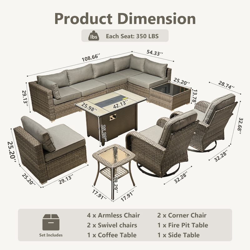 HOOOWOOO 11-piece Wicker Furniture Set Outdoor Sectional Sofa with Fire Pit