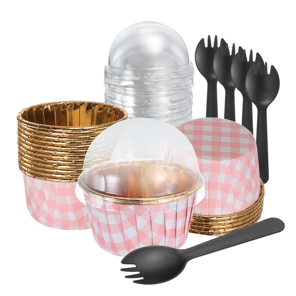 50pcs Plaid Cupcake Liners with Dome Lids Aluminum Foil 3.5oz Standard - Pink