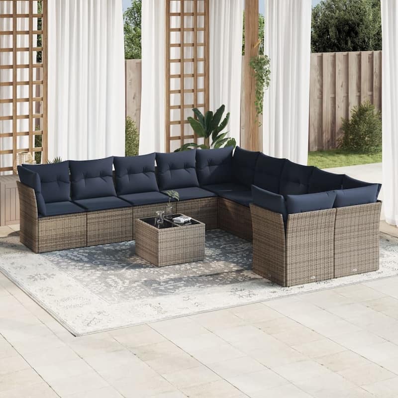 vidaXL 10/11 Piece Patio Sofa Set with Cushions Brown/Gray Poly Rattan - 21.7 x 24.4 x 27.2 - Beige and gray With table