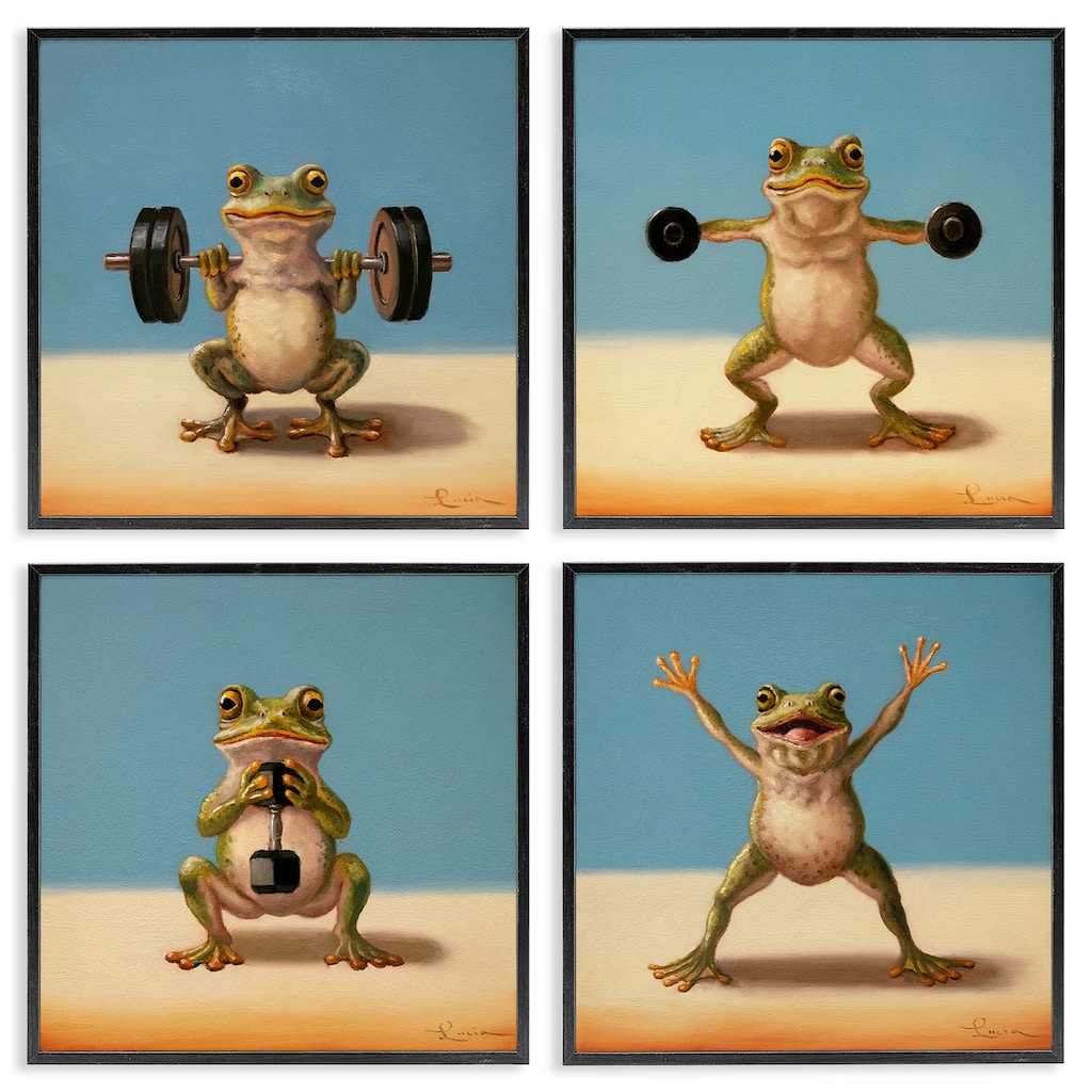 Stupell Weightlifting Frogs Various Workouts Framed Giclee Art Design By Lucia Heffernan (Set of 4)