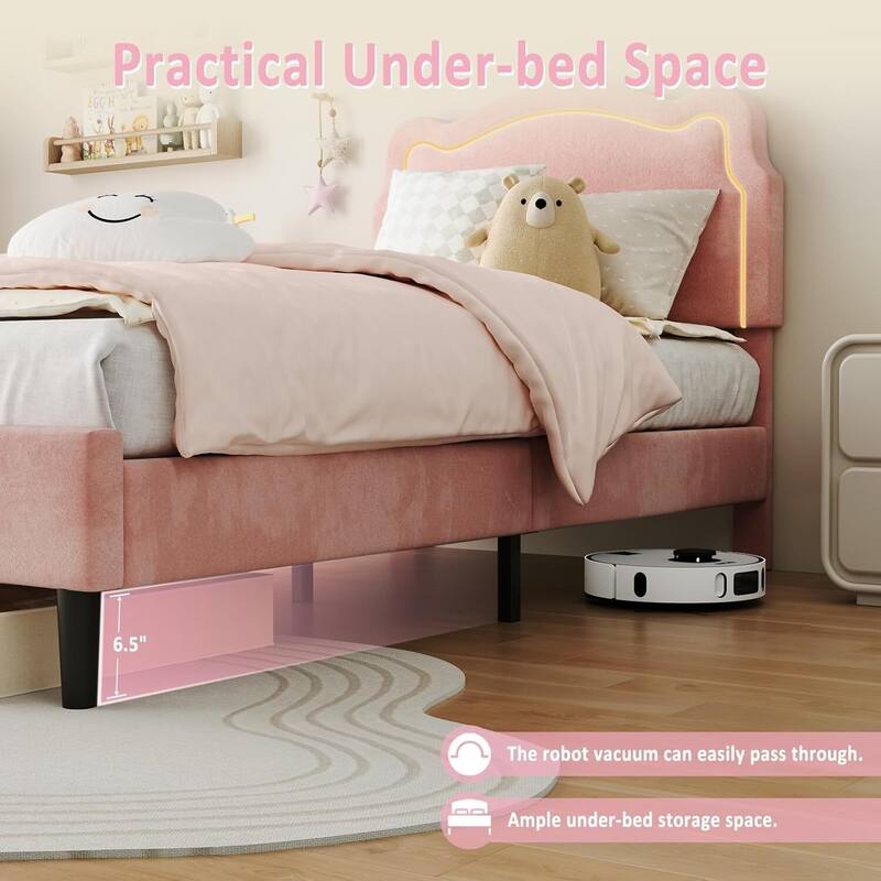 Twin Size Upholstered LED Velvet Platform Bed Frame with Bear-Shaped Headboard