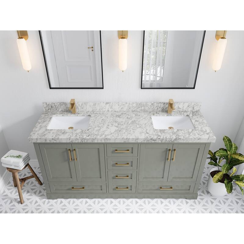 Willow Collection 72 in W x 22 in D x 36 in H Boston Double Bowl Sink Bathroom Vanity with Countertop - 2"Carrara Marble - Evergreen