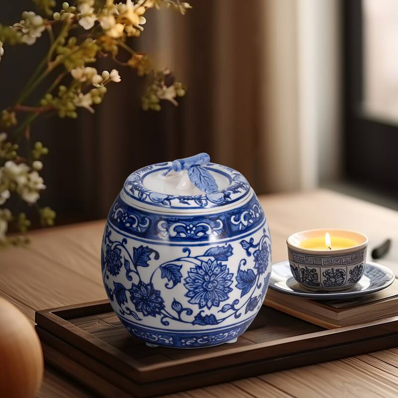 Modern Chinoiserie Ceramic Candle with Lid - Peony Scented Candle - Blue/ White - 5.0"