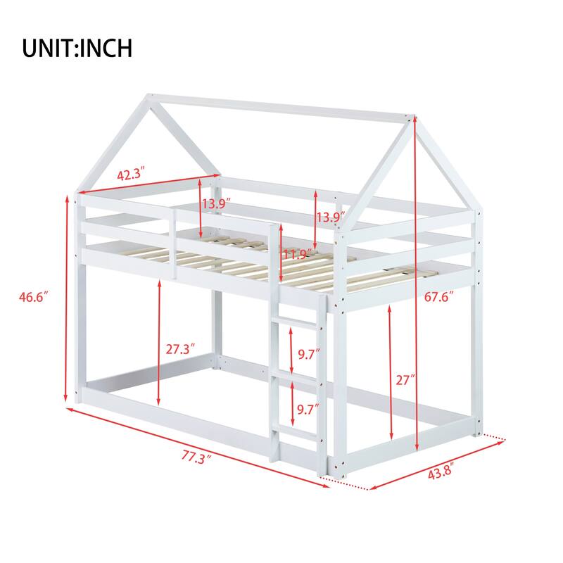 House-shaped Bed Frame, Twin Over Twin Low Bunk Bed with House Roof, No Slats Floor Bed, Ladder and Guardrails, Floor Bunk Bed