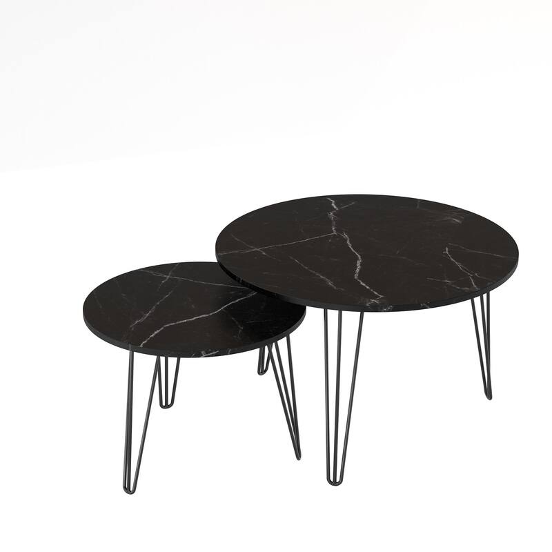 Anmytek Set of 2 Nesting Round Coffee Tables with Marble Effect Top & Hairpin Legs, Black Industrial Modern Side Tables