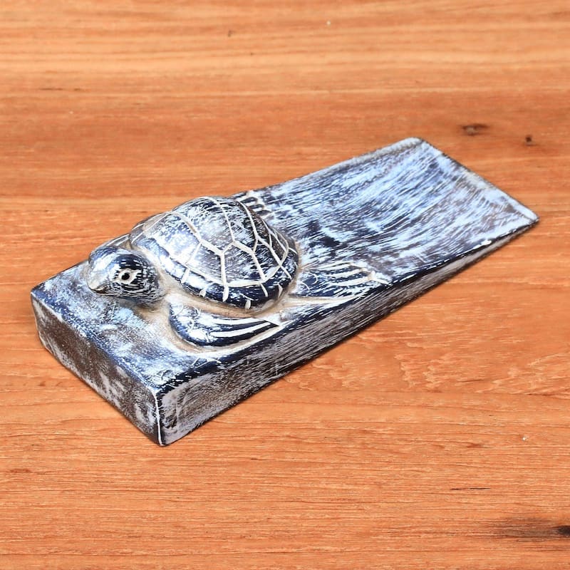 Novica Handmade Whitewashed Baby Turtle Wood Door Stopper - 2" H x 6.5" W x 2.4" D