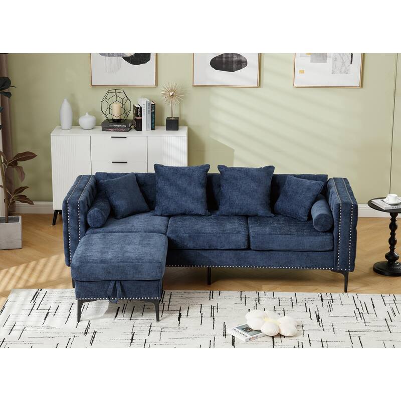 85'' L-Shaped 4 Seater Sectional Sofa with Convertible Storage Ottoman, Pillows, Solid Wood Frame, Modern Tufted Design