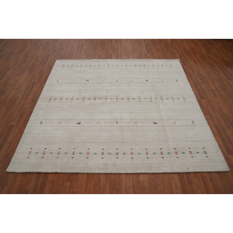Hand Knotted Oriental 100% Wool Carpet Tribal Animal Pictorial Beige & Ivories Gabbeh Area Rug - 8' 0'' X 8' 2''