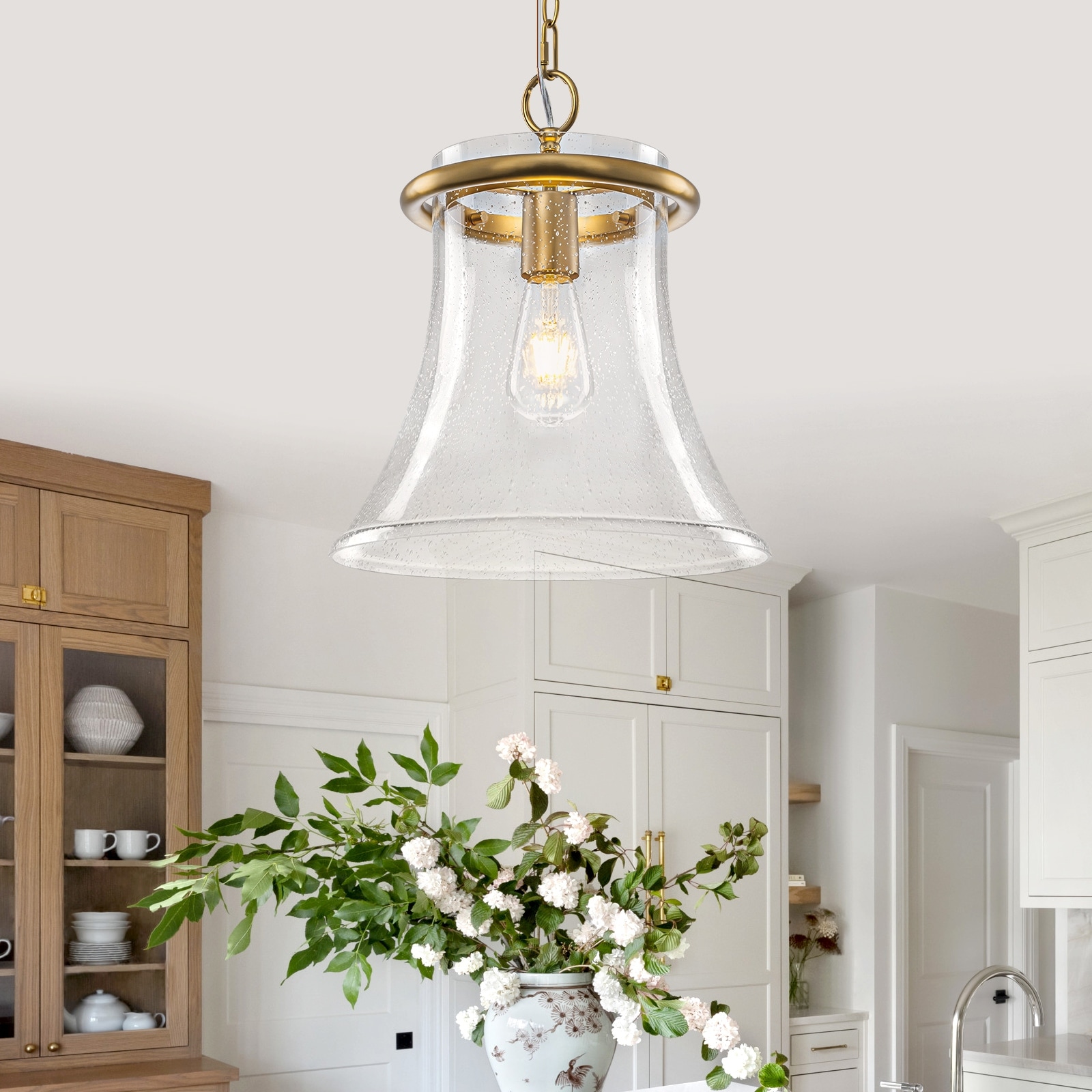 Matte Brass Bell Pendant Light Seeded Glass Shade Dining Room Island - Dia.12.6inch