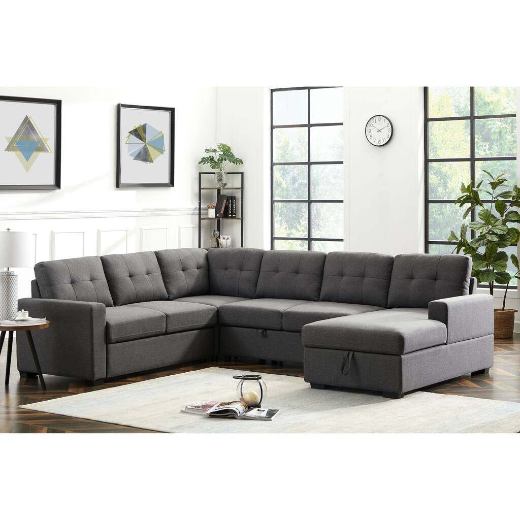 Linen Fabric Sleeper Sectional Sofa with Storage Chaise - Overstock ...