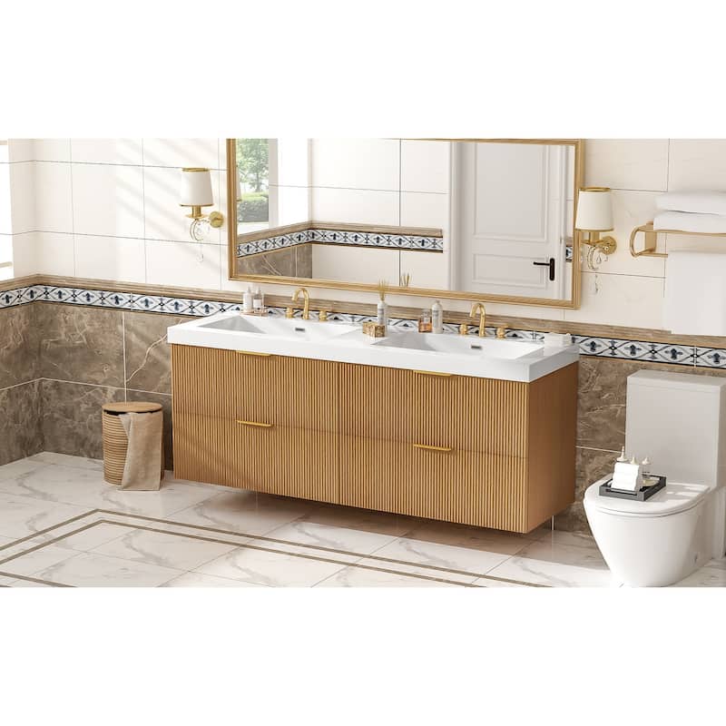 GDFStudio - Stratford Modern Wall Mounted Double Sink Bathroom Vanity with SMC Countertop, Soft Close Drawers & Storage - 19.8"