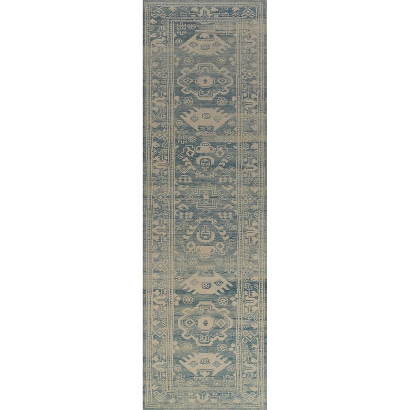 Hand Knotted Oriental 100% Wool Carpet Transitional Geometric Navy Blue & Blues Oushak Runner Rug - 14' 2'' X 3' 1''
