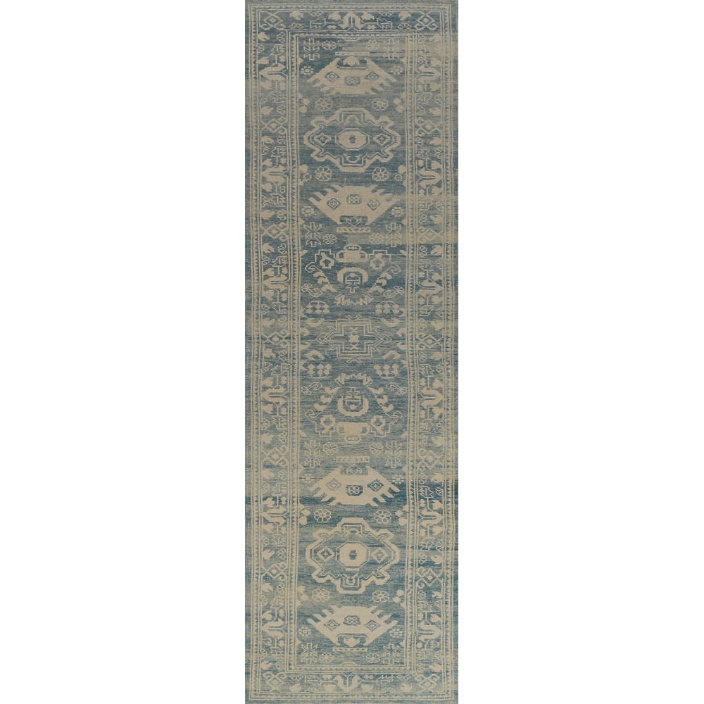 Hand Knotted Oriental 100% Wool Carpet Transitional Geometric Navy Blue & Blues Oushak Runner Rug - 14' 2'' X 3' 1''