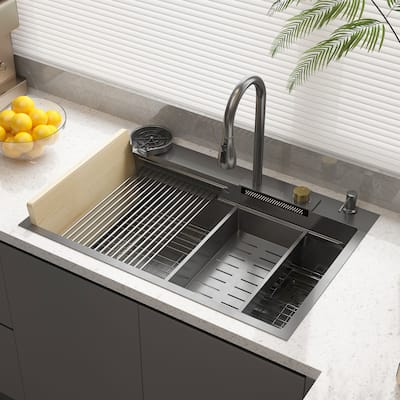 32.2"W Apron Single Bowl Workstation Kitchen Sink 304 Stainless Steel