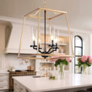 Modern 4-Light Gold Glass Chandelier Lantern Pendant Light for Dining Room - 14" L x 14" W x 19" H