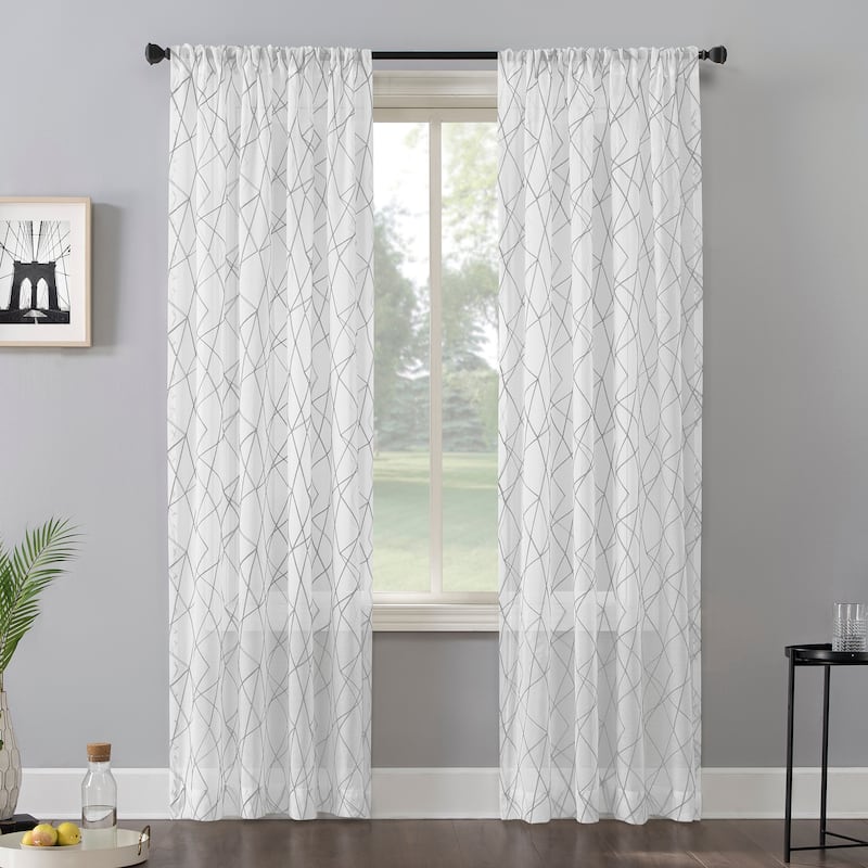 No. 918 Abstract Geometric Embroidery Semi-Sheer Rod Pocket Curtain Panel, Single Panel - Gray - 50 x 96