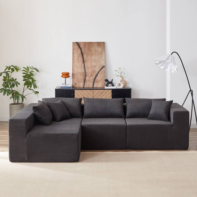 Corduroy Convertible Sectional Cloud Sofa, Foam-Filled Compressed Boneless Sofa, Modular L Shaped Floor 4 Seat Sofa