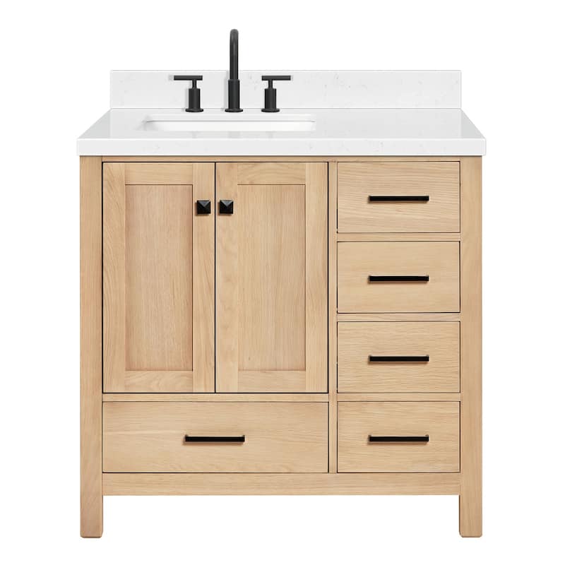 Ariel A036SLCQRVO Cambridge 36" Free Standing Single Basin Vanity Set - Oak / Carrara White Quartz Top / Matte Black