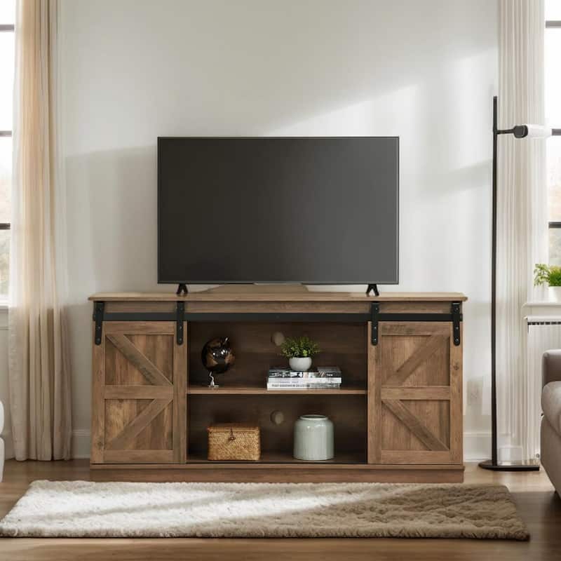 Homy Casa 58'' Farmhouse TV Stand. Sliding Barn Doors, Storage Cabinet