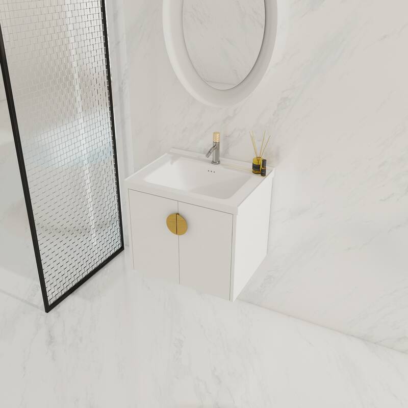 Wall-Mounted Bathroom Vanity with Ceramic Basin, Soft-Close Doors, and Customizable Metal Handles