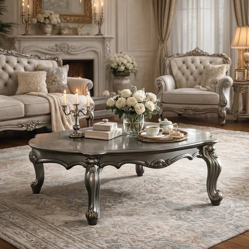 Oval Shaped Wooden Coffee Table with Cabriole Leg Support, Silver