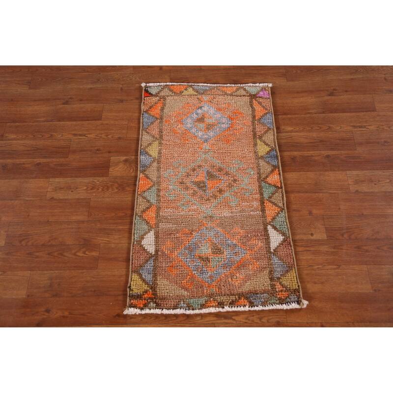 Hand Knotted Oriental 100% Wool Carpet Transitional Geometric Oranges & Rust Anatolian Area Rug - 2' 10'' X 1' 7''