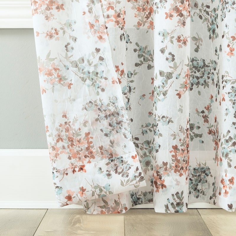 No. 918 Alethea Floral Print Crushed Voile Sheer Rod Pocket 1-Piece Curtain Panel, Single Panel