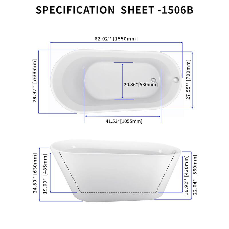 61 Inch Acrylic Freestanding Soaking Bathtub in White with Overflow and Drain